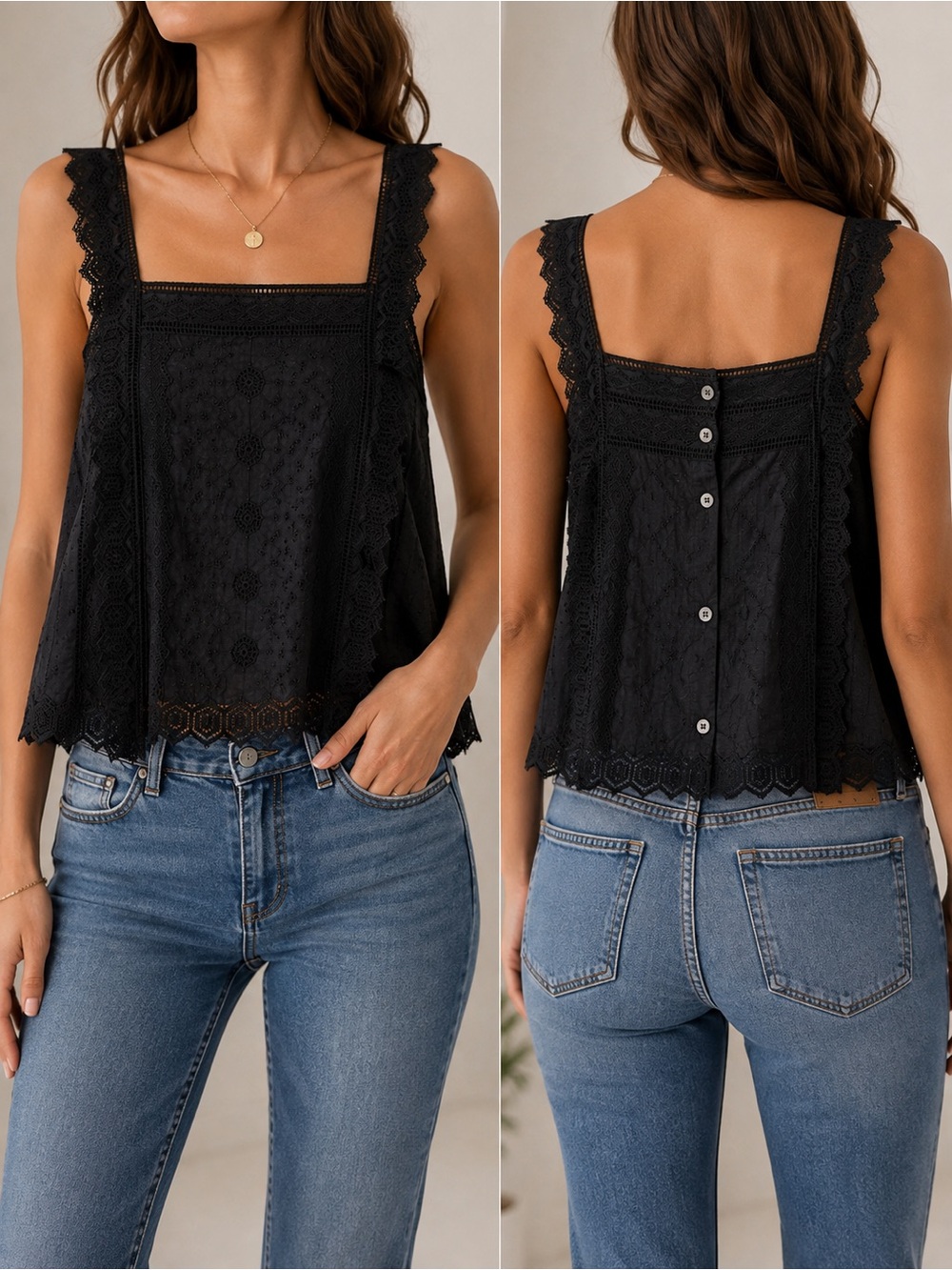 Frame Black Katie Ruffle
Embroidered Eyelet Lace Button Back
Tank Blouse Size L